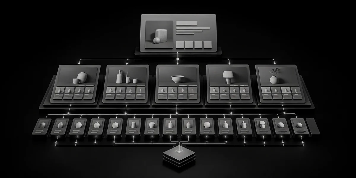 Monochrome Shopify site architecture showing a main store, collection pages, and connected product pages