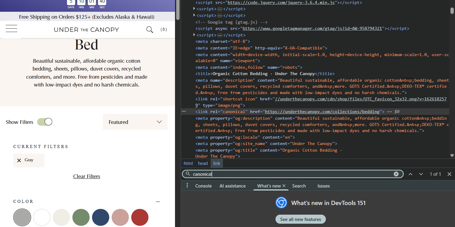 DevTools on a real filtered collection URL (Under The Canopy's "Bed" collection with a Gray filter applied), with the canonical link tag highlighted, pointing back at the clean, unfiltered /collections/bedding URL