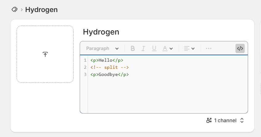 The same collection description field in HTML/code mode, with real content already split: a short intro paragraph, the split comment, then the longer content that renders below the grid
