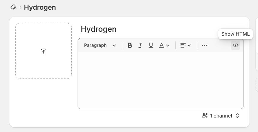 Shopify's collection description field in its normal rich text editing mode, with the "Show HTML" toggle highlighted in the toolbar