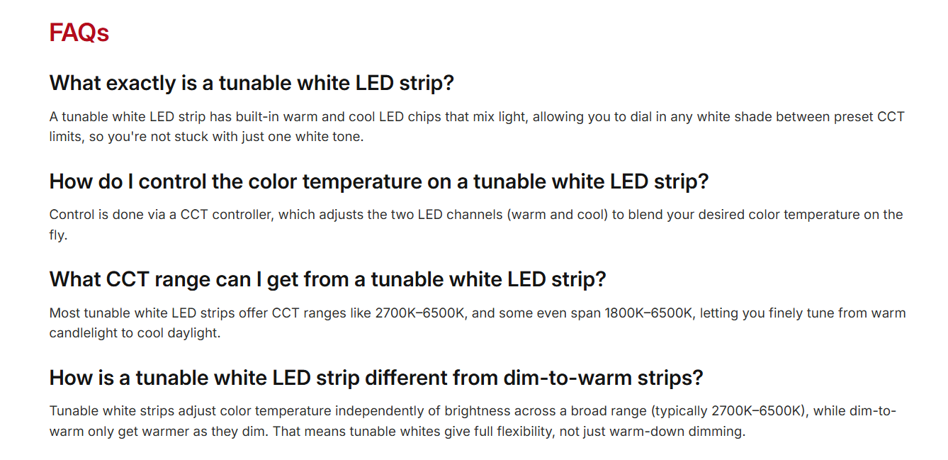 Real, genuinely specific collection-page FAQs answering exactly the kind of questions a buyer would search for, not generic filler
