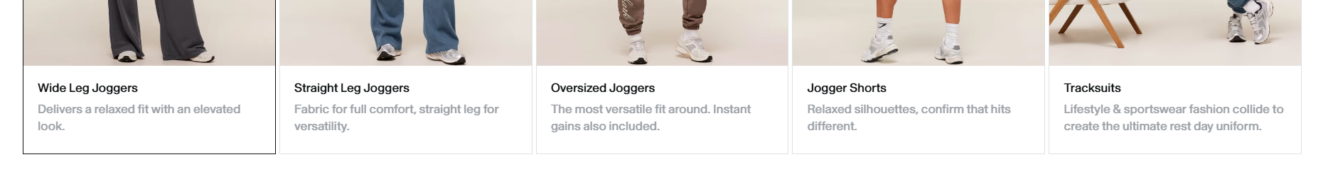Real Gymshark subcollections under its bottoms category: Wide Leg Joggers, Straight Leg Joggers, Oversized Joggers, Jogger Shorts, and Tracksuits, each a distinct collection page