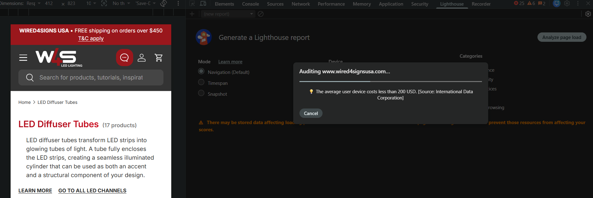 A mobile Shopify collection page being audited in the Lighthouse panel inside Chrome DevTools