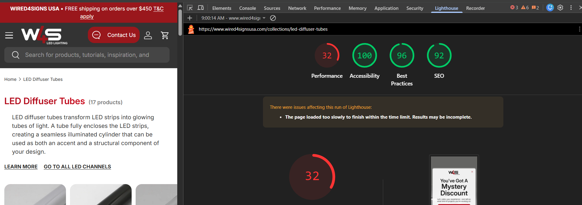 A completed Lighthouse report showing a performance score of 32 alongside accessibility, best-practices, and SEO scores