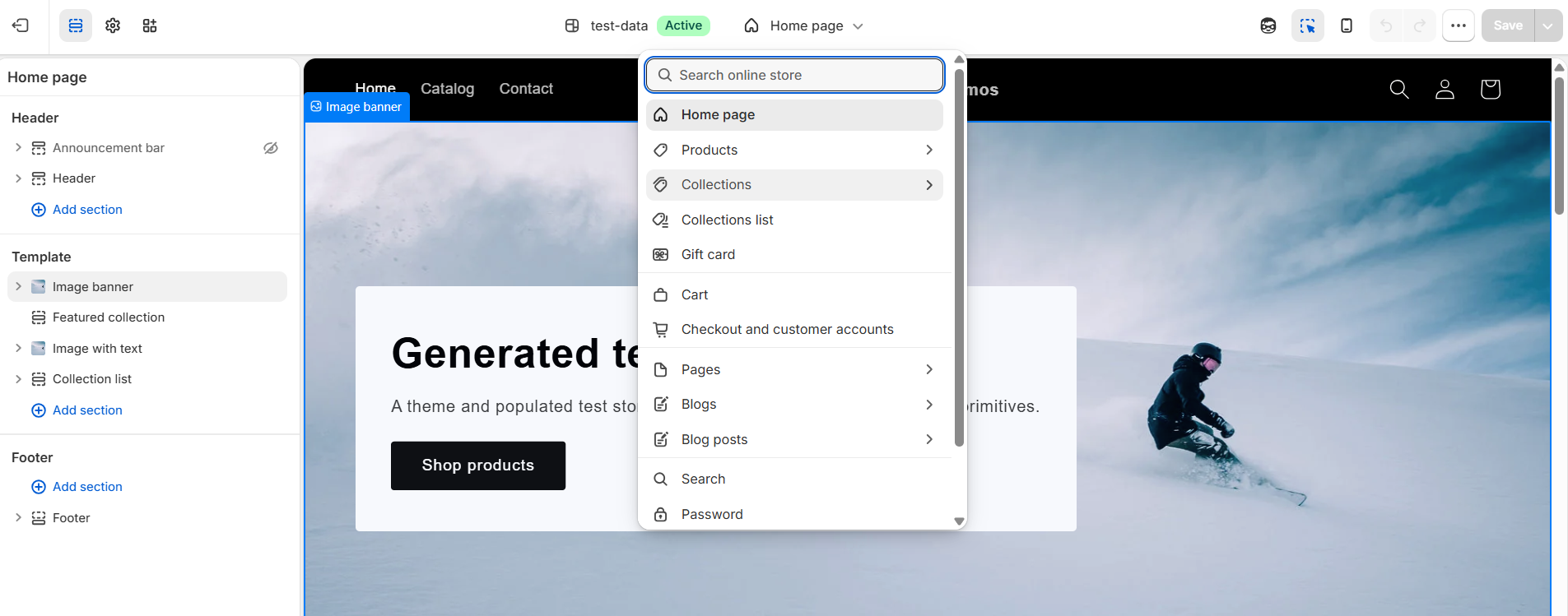 Shopify theme editor's page picker dropdown, with Collections highlighted in the list