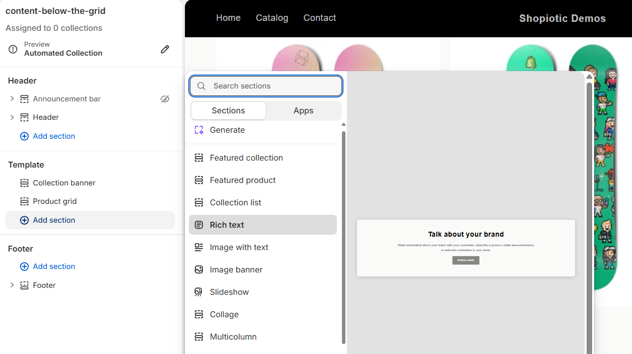 The theme editor's "Add section" panel, with "Rich text" highlighted in the Sections list, below the product grid