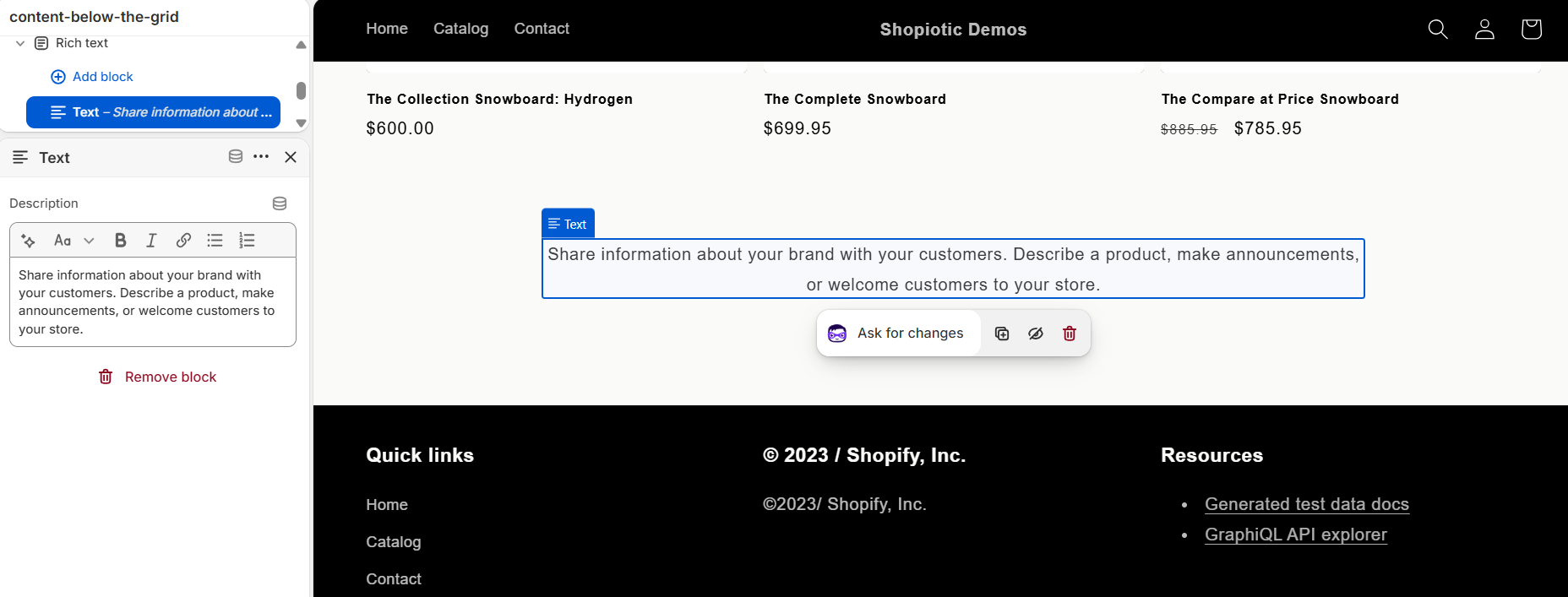 A newly added Rich text section's Text block, showing generic default placeholder copy