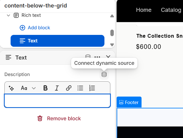 The Text block's toolbar, with the "Connect dynamic source" database icon highlighted