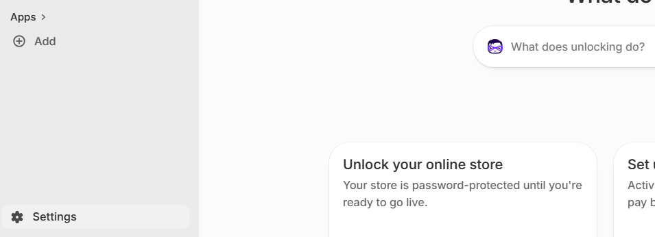 Shopify admin's left navigation, with "Settings" highlighted at the bottom