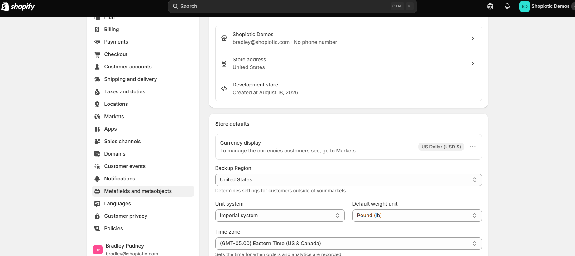 The Settings page sidebar, with "Metafields and metaobjects" highlighted