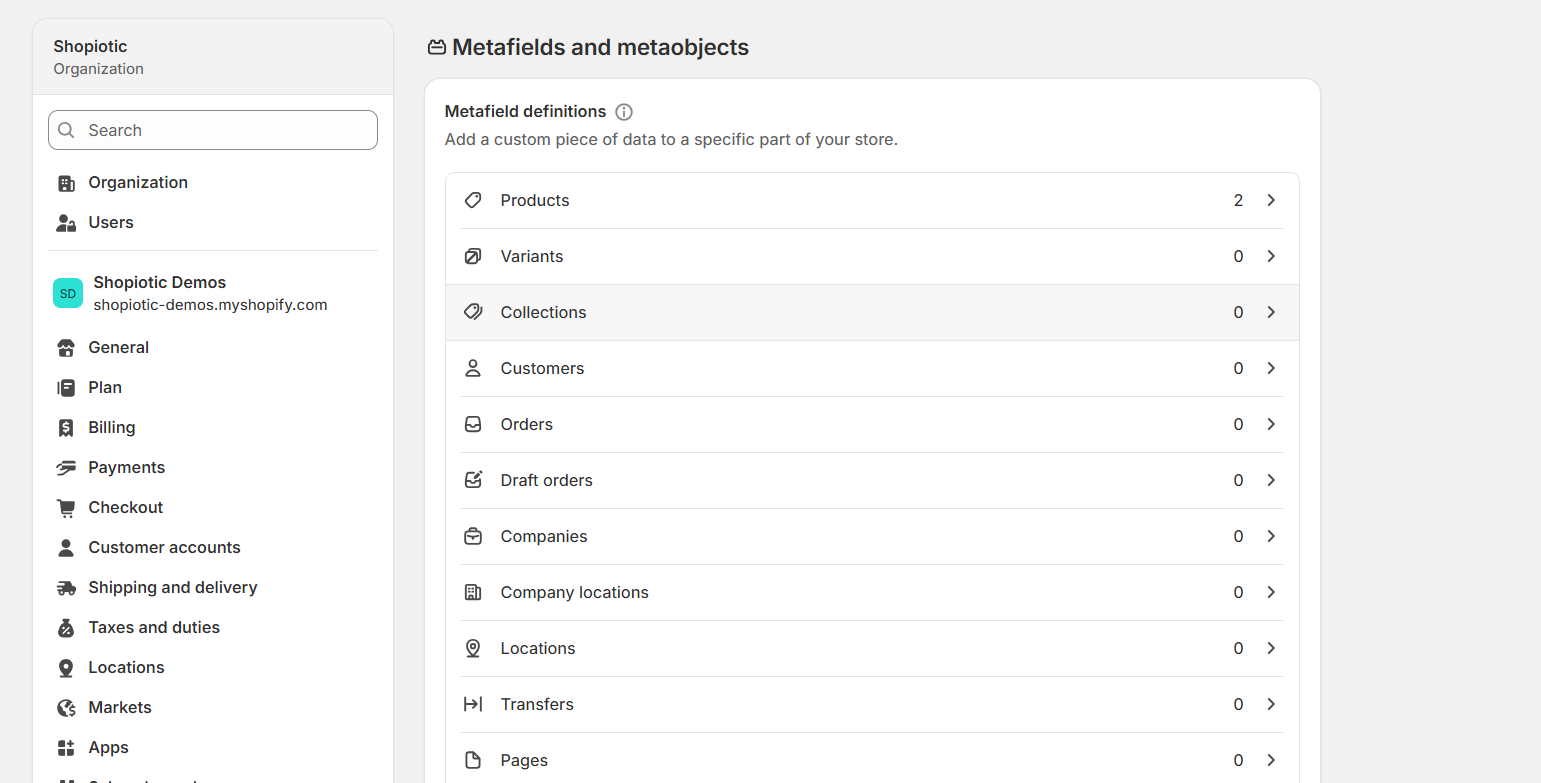 The Metafields and metaobjects page, listing Products, Variants, Collections, Customers, and more, each with a count of existing definitions