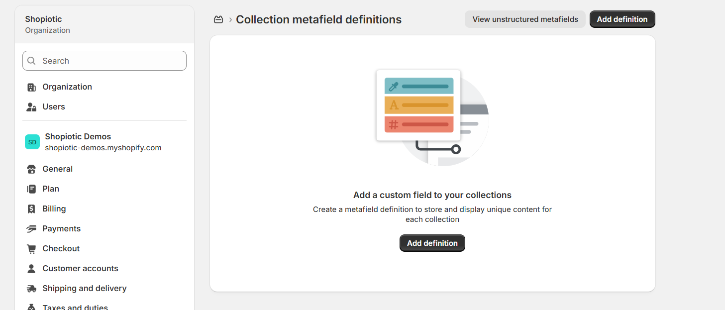 The empty Collection metafield definitions page, with an "Add definition" button