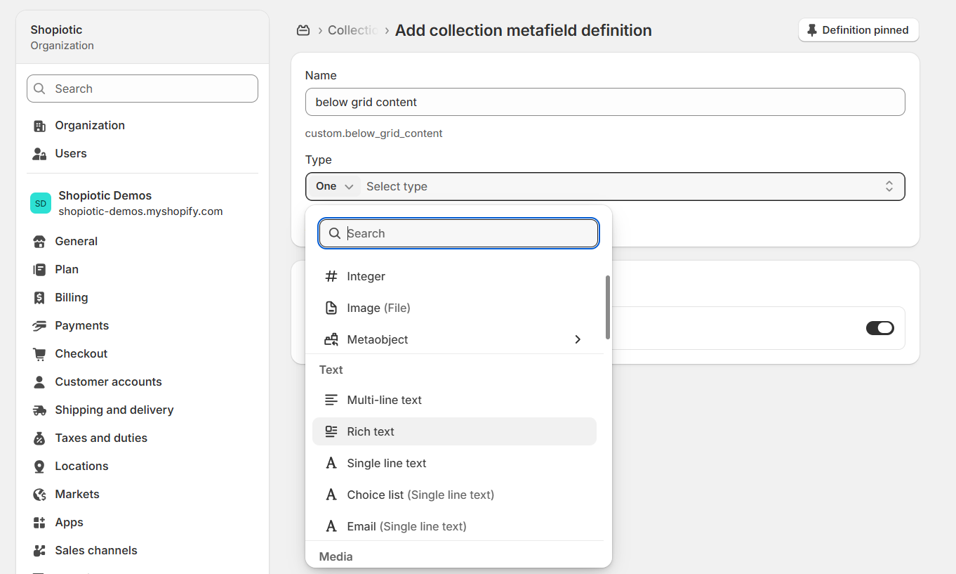 The "Add collection metafield definition" form, with the Type dropdown open and "Rich text" highlighted