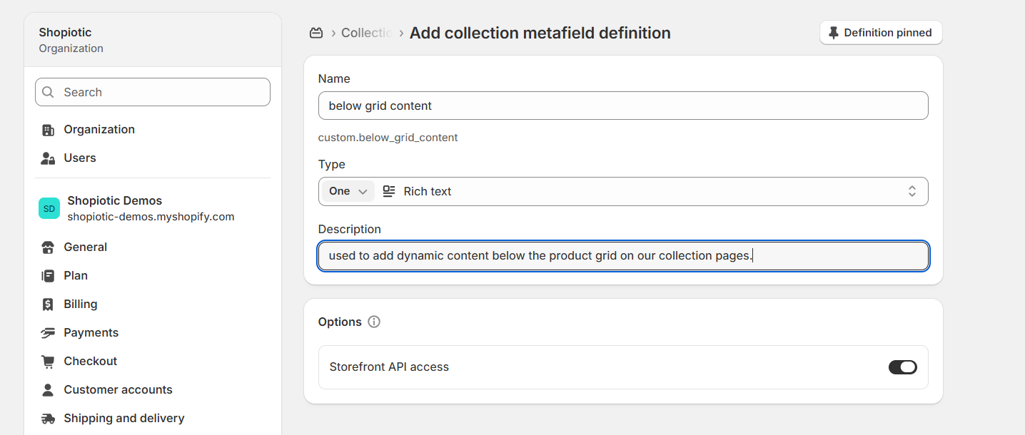 The completed metafield definition form: name "below grid content," type Rich text, a description, and Storefront API access enabled