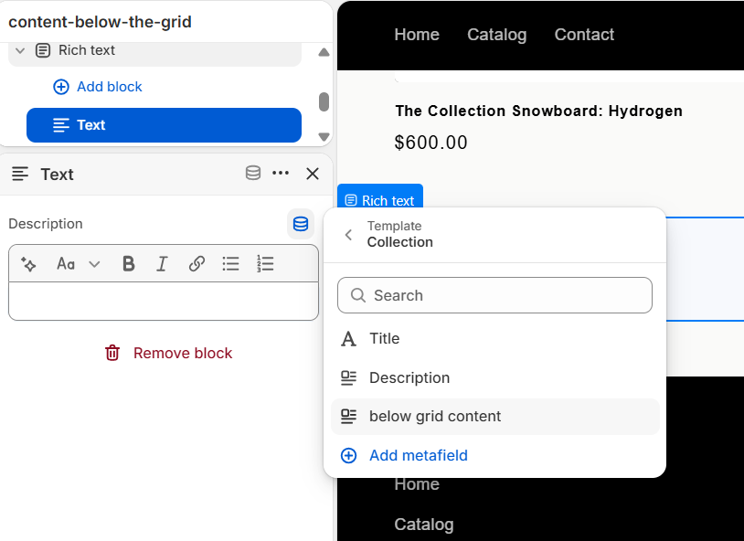 The "Connect dynamic source" panel, now listing Title, Description, and the newly created "below grid content" metafield
