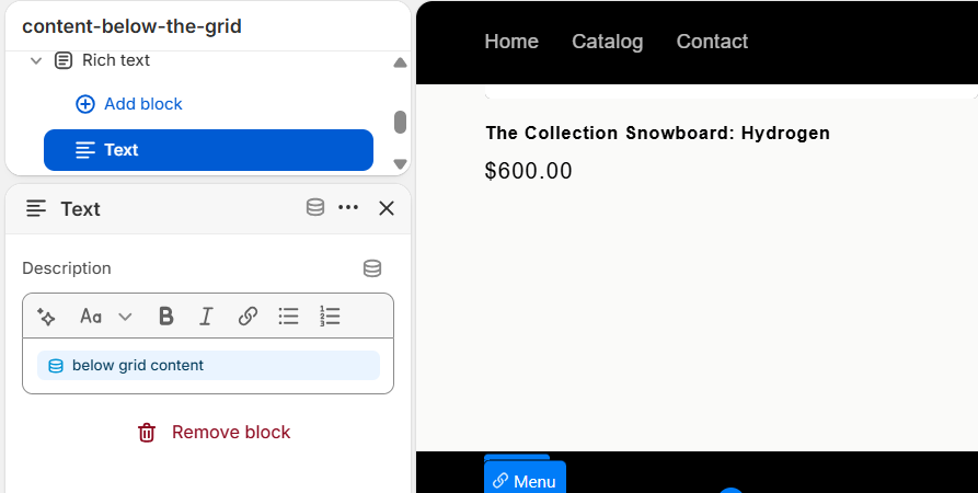 The Text block now showing "below grid content" selected as its connected dynamic source