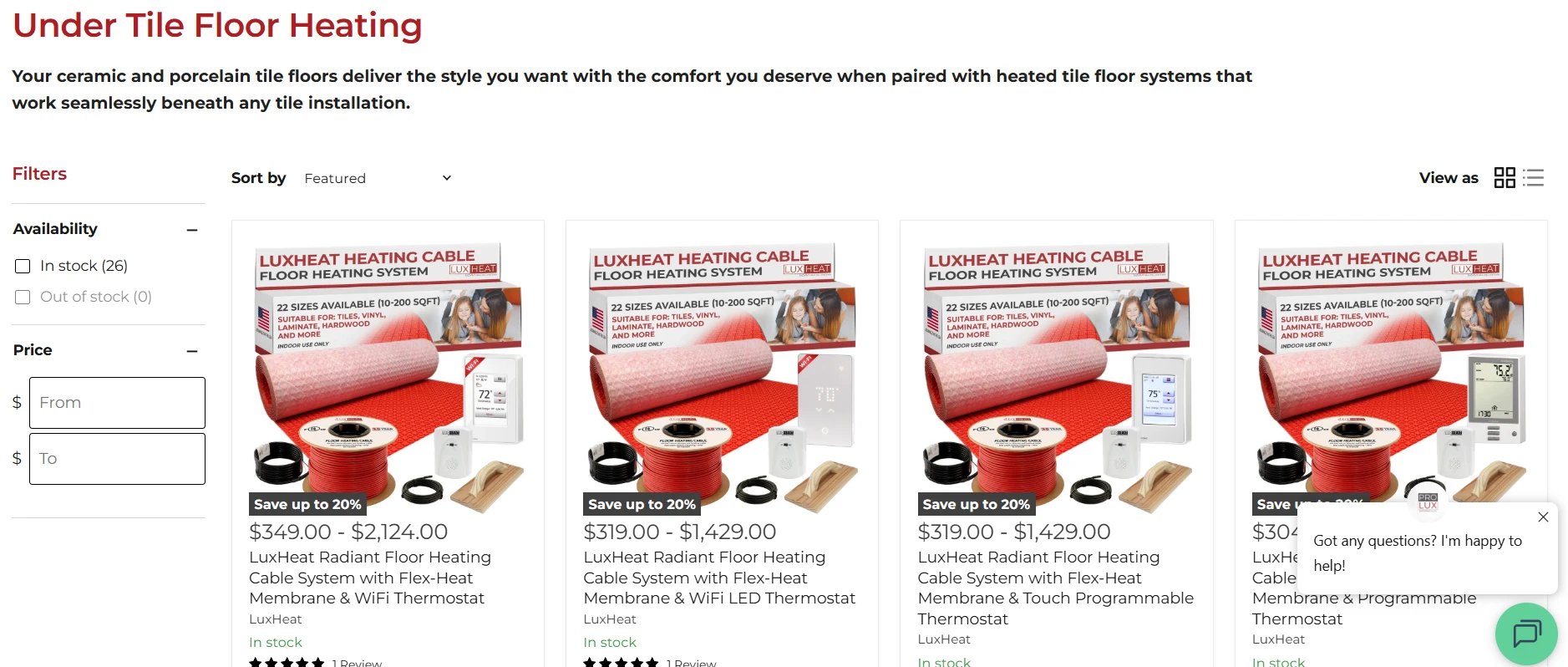 Prolux Materials' "Under Tile Floor Heating" collection, featuring the exact same LuxHeat product listed under a different, more specific collection