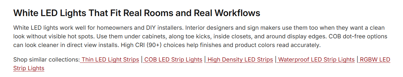A real "Shop similar collections" pipe-separated link list below a client's collection page copy: Thin LED Light Strips | COB LED Strip Lights | High Density LED Strips | Waterproof LED Strip Lights | RGBW LED Strip Lights