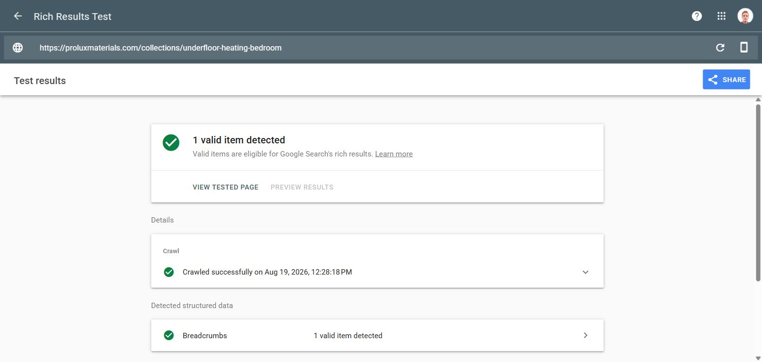 Google's Rich Results Test showing a real Shopify collection page with BreadcrumbList schema detected as a valid item