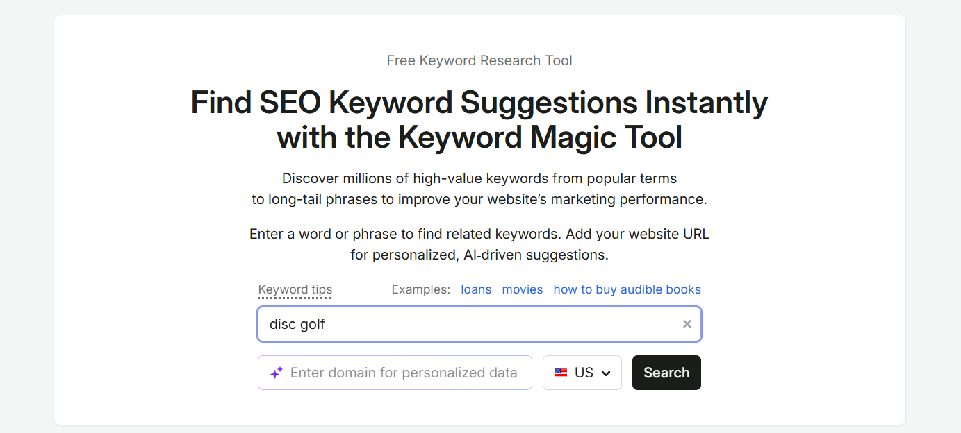 SEMrush Keyword Magic Tool with the seed keyword "disc golf" entered