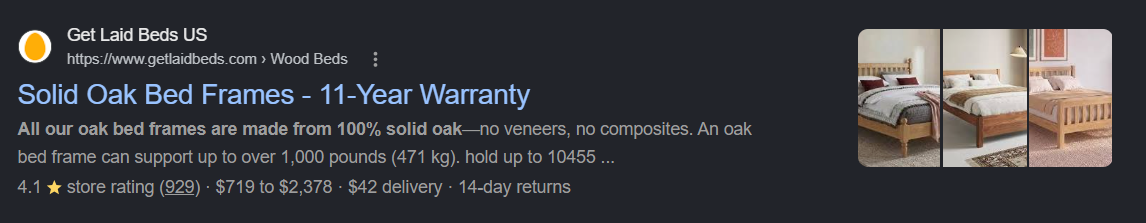 A real Google search result for "Solid Oak Bed Frames - 11-Year Warranty," with the meta description leading with the bolded keyword and specific product differentiators