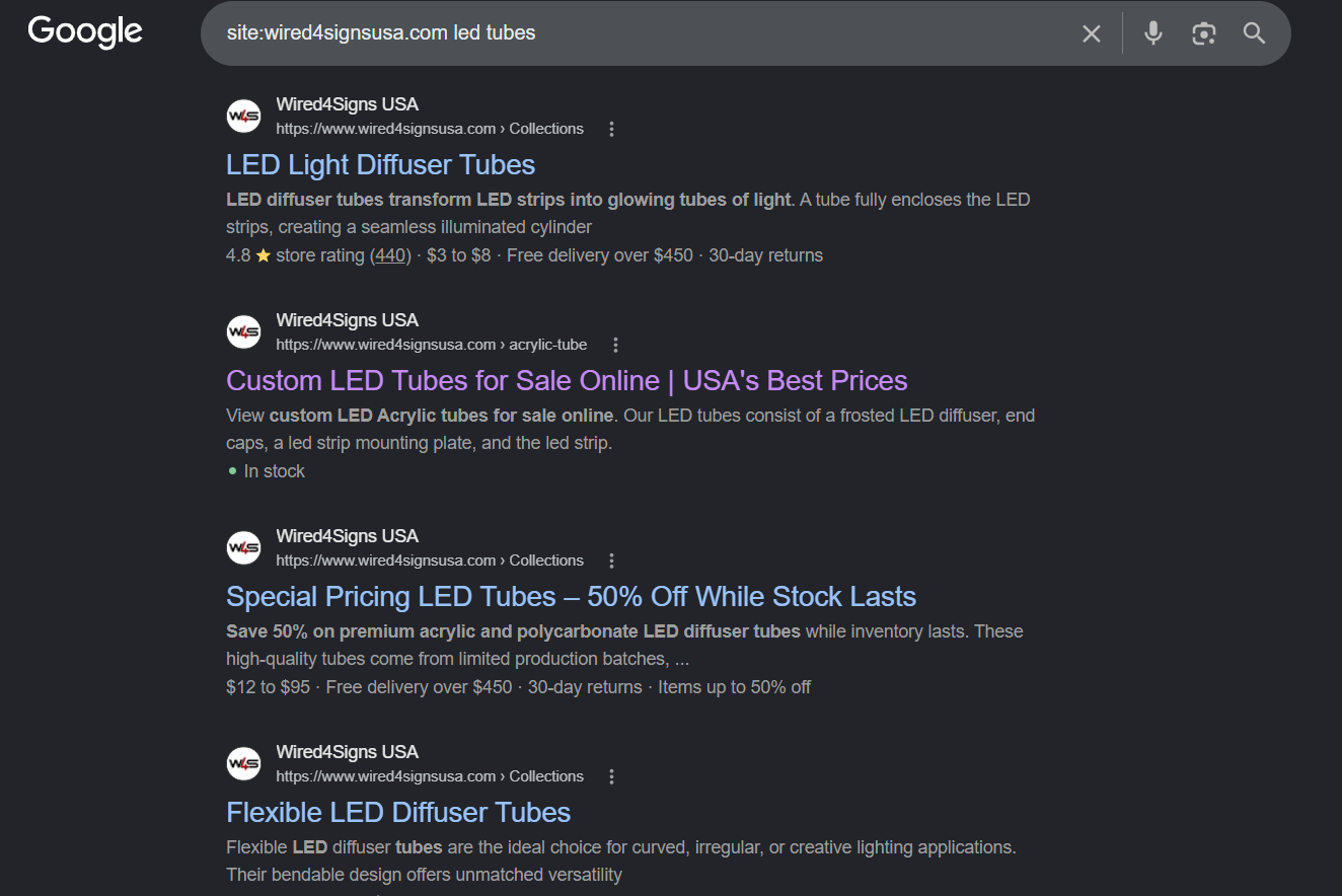 Google site search results for Wired4Signs USA showing several LED tube pages, including three pages with potential broad-term overlap and a distinct Flexible LED Diffuser Tubes subcollection targeting a long-tail query