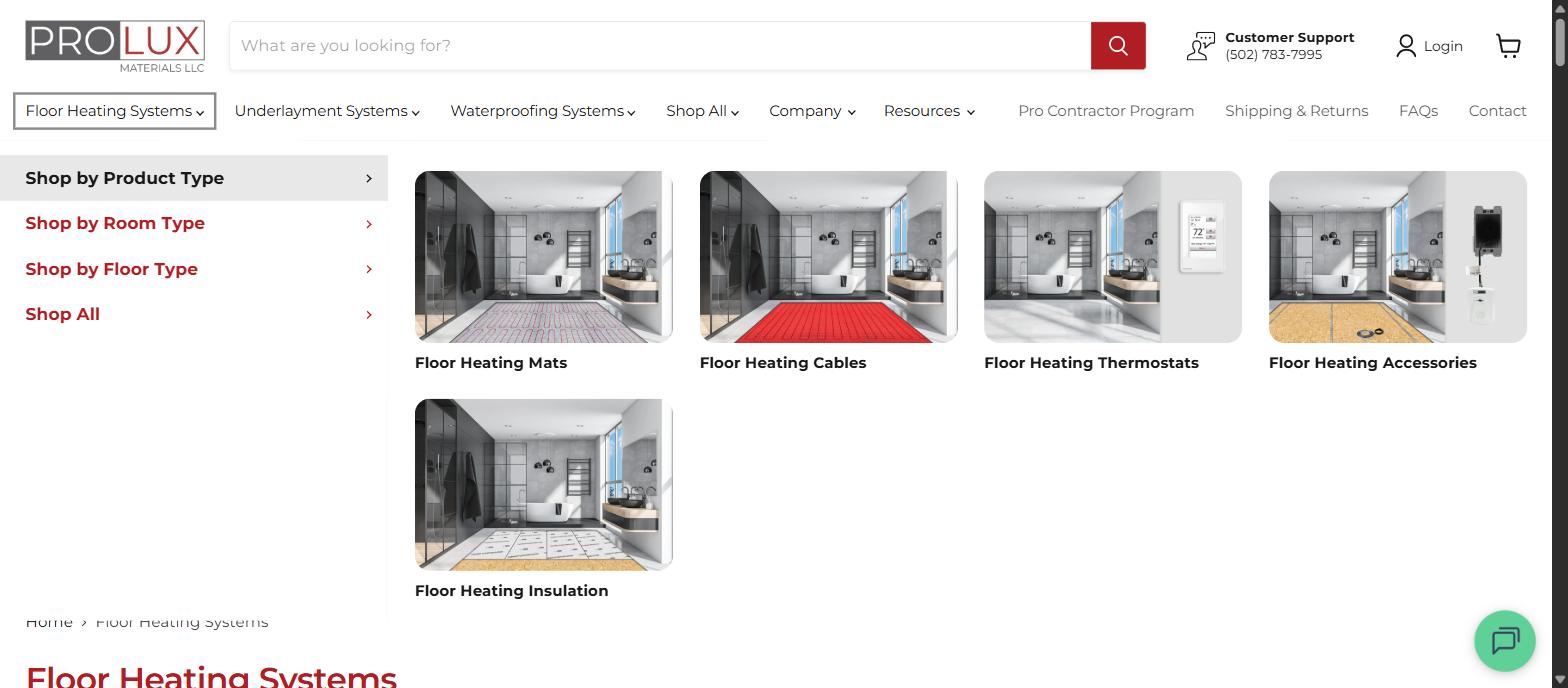 A real Shopify mega menu (Prolux Materials) showing a broad "Floor Heating Systems" category linking out to specific subcollections: mats, cables, thermostats, accessories, and insulation