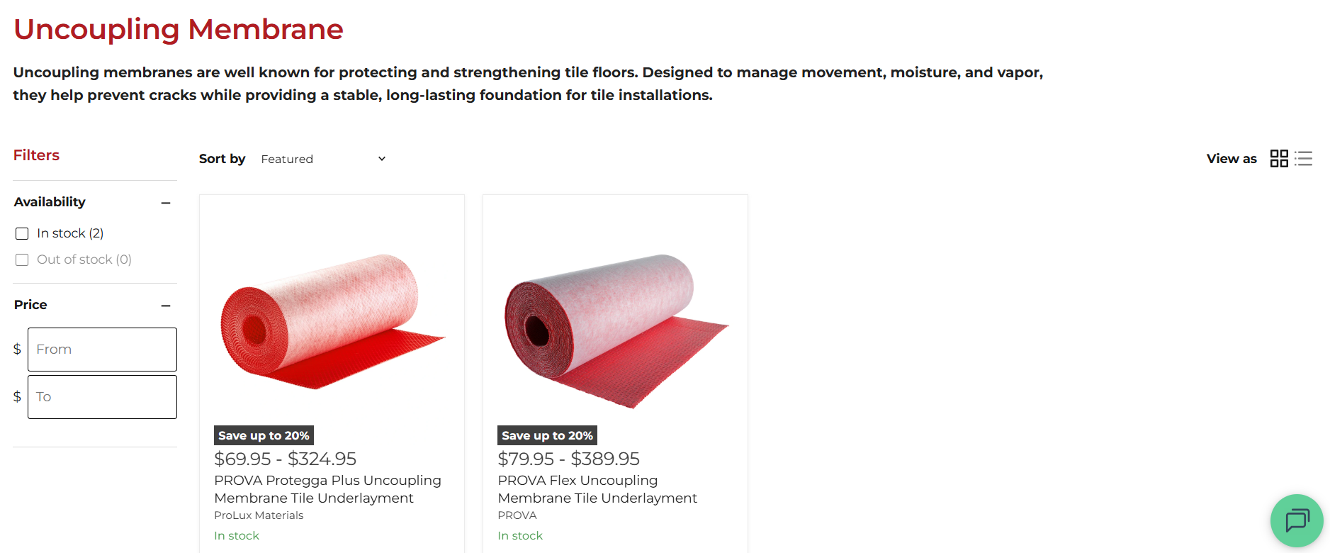 Prolux Materials' "Uncoupling Membrane" collection, a real 2-product collection page
