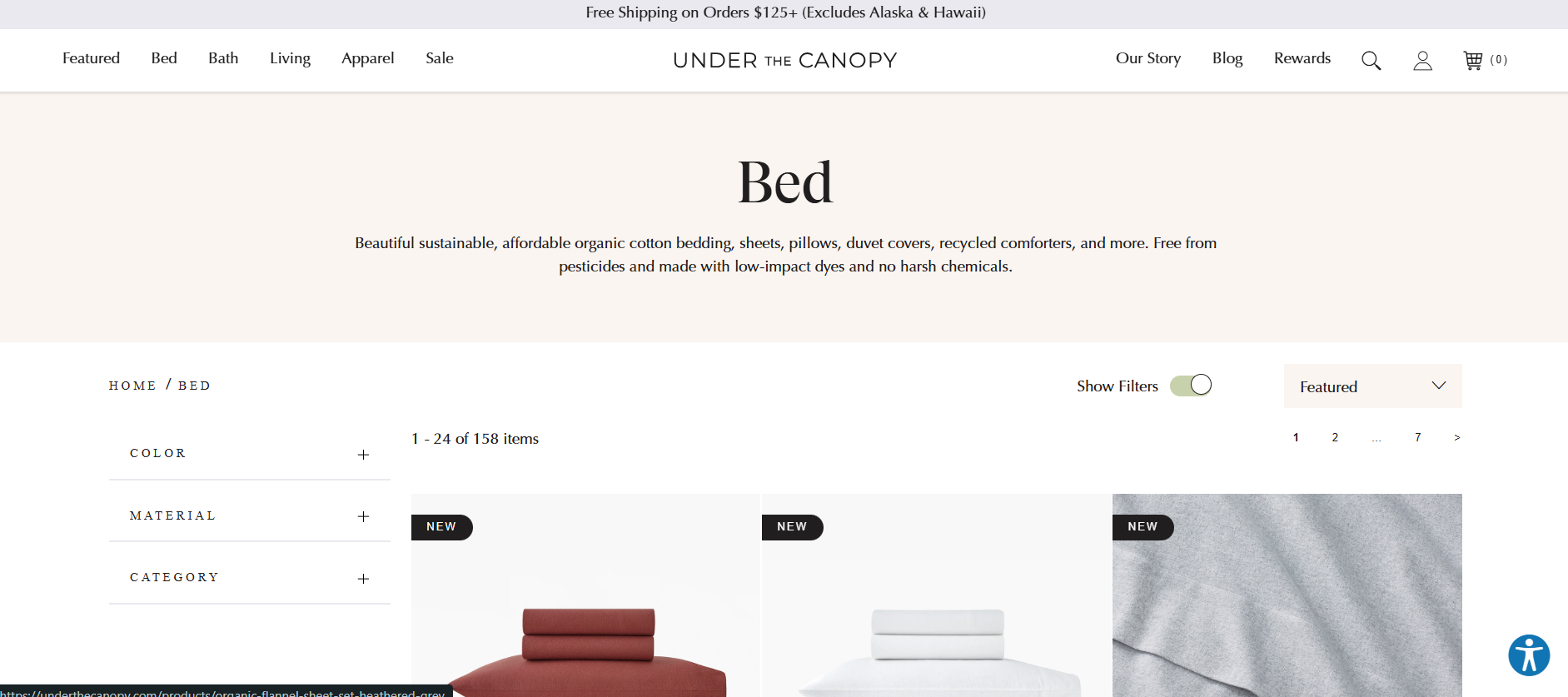 A real Shopify collection page (Under The Canopy's "Bed" collection) with the H1 and a genuine intro paragraph fully visible above the product grid, not buried below or behind an accordion